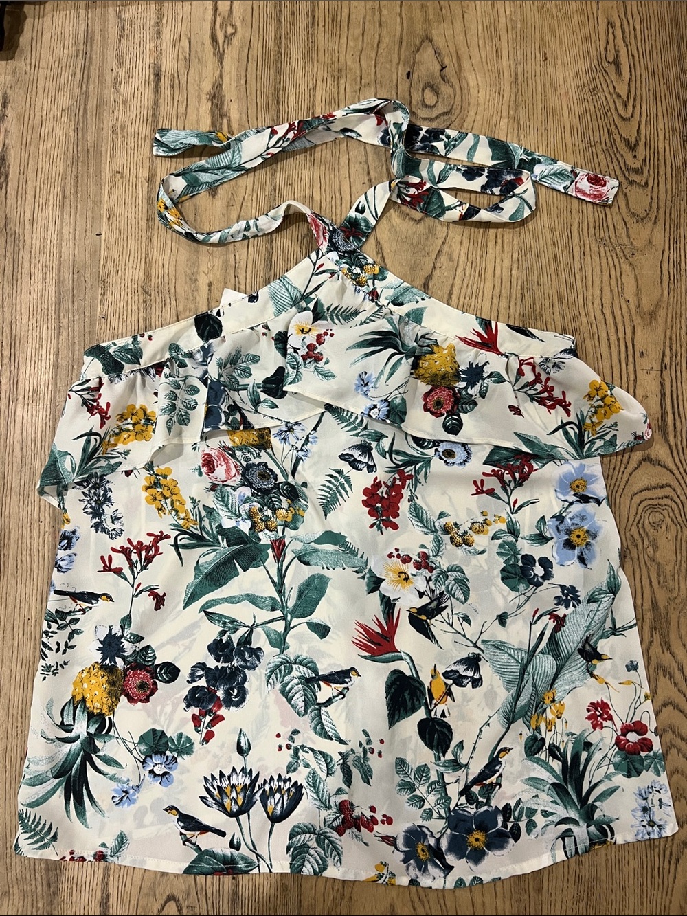 Banana Republic White Floral Halter Tank Top with Green and Yellow Accents Mediu